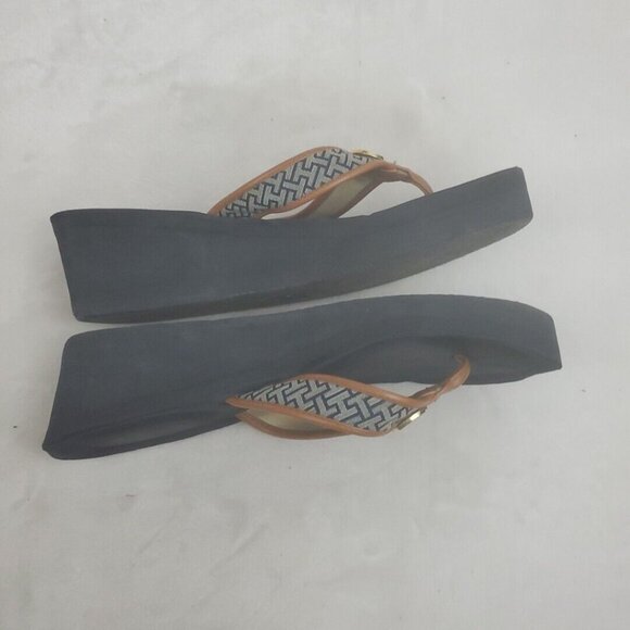 Tommy Hilfiger Wedge Flip Flop Sandals Womens Size 11 Blue Brown Fabric Slip On - Picture 7 of 9